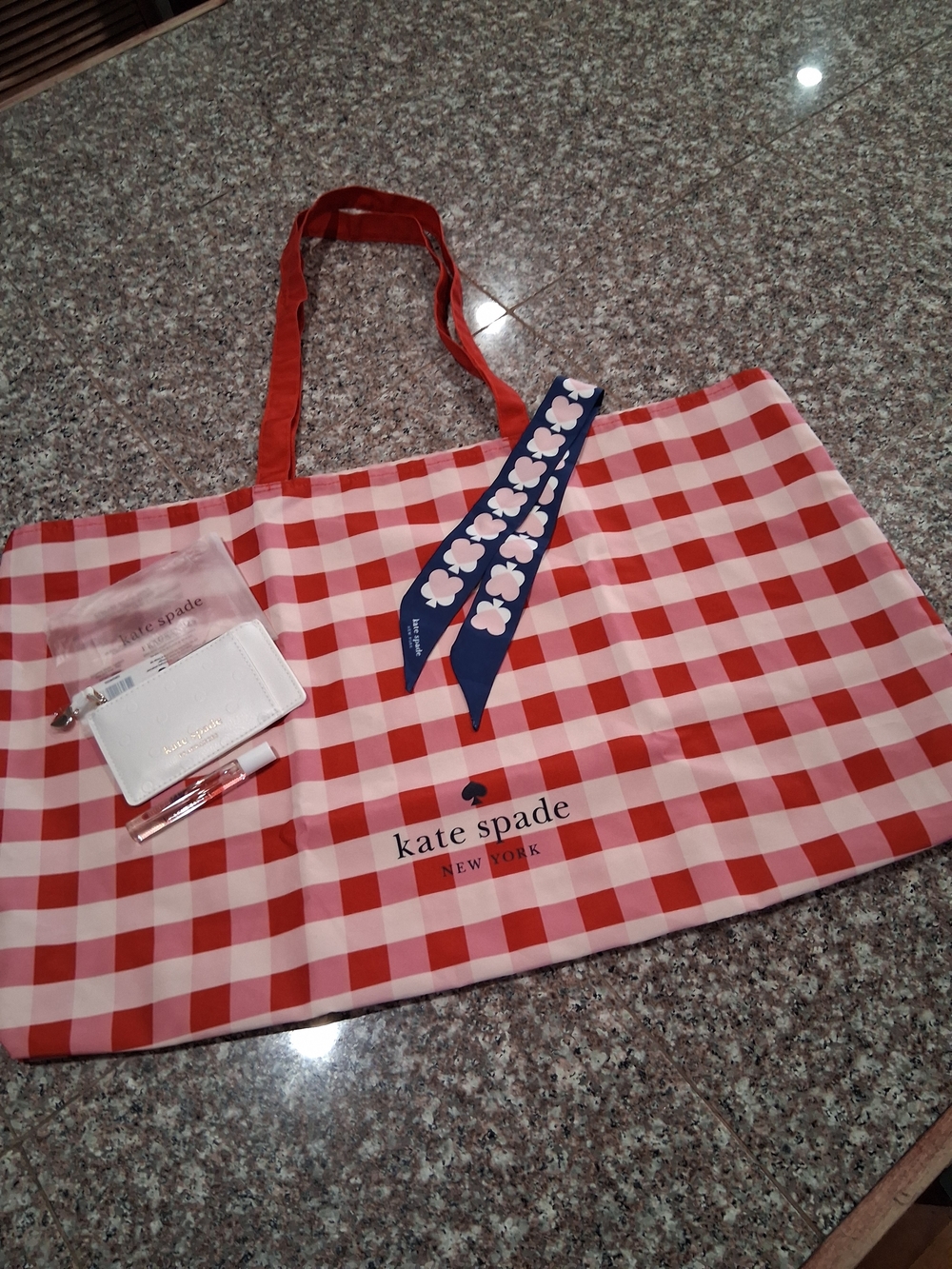 kate spade Red and White Gingham Tote with Navy Floral Scarf Accent Bundle DEAL
